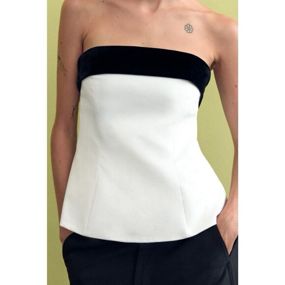 Zara strapless bow top in black and white in women size large 9003/420 - Picture 3 of 16